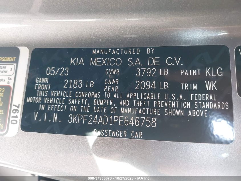 2023 Kia Forte Lxs VIN: 3KPF24AD1PE646758 Lot: 37935670