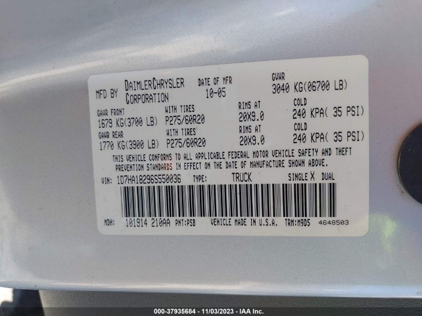 2006 Dodge Ram 1500 Slt VIN: 1D7HA18296S550036 Lot: 37935684