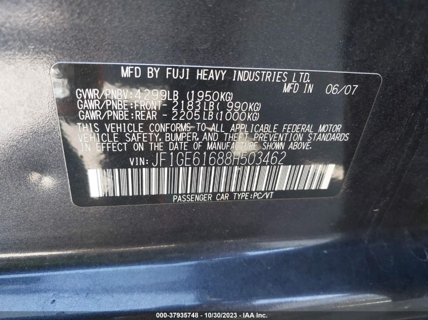 2008 Subaru Impreza Sedan I W/Premium Pkg VIN: JF1GE61688H503462 Lot: 37935748