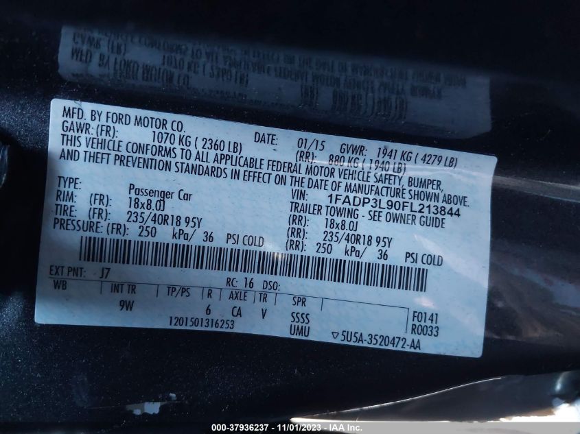 2015 Ford Focus St VIN: 1FADP3L90FL213844 Lot: 37936237