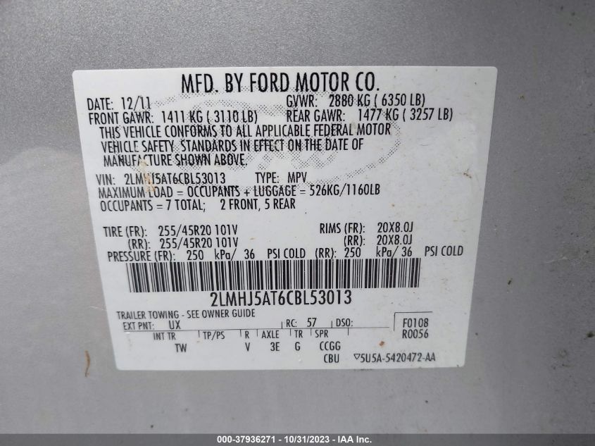 2012 Lincoln Mkt W/Ecoboost VIN: 2LMHJ5AT6CBL53013 Lot: 37936271