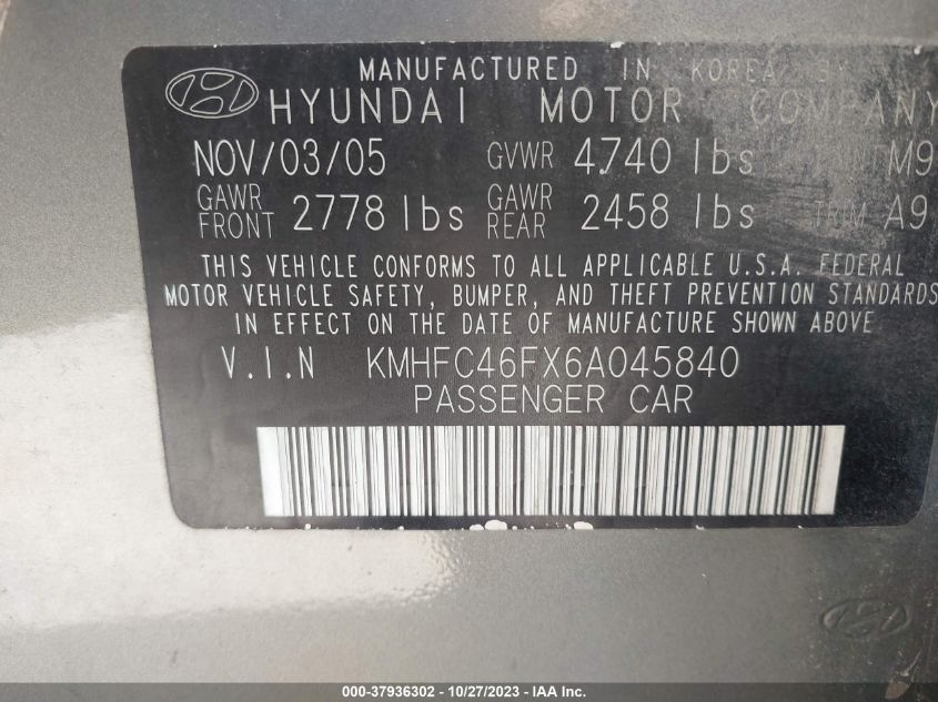 KMHFC46FX6A045840 2006 Hyundai Azera Se/Limited