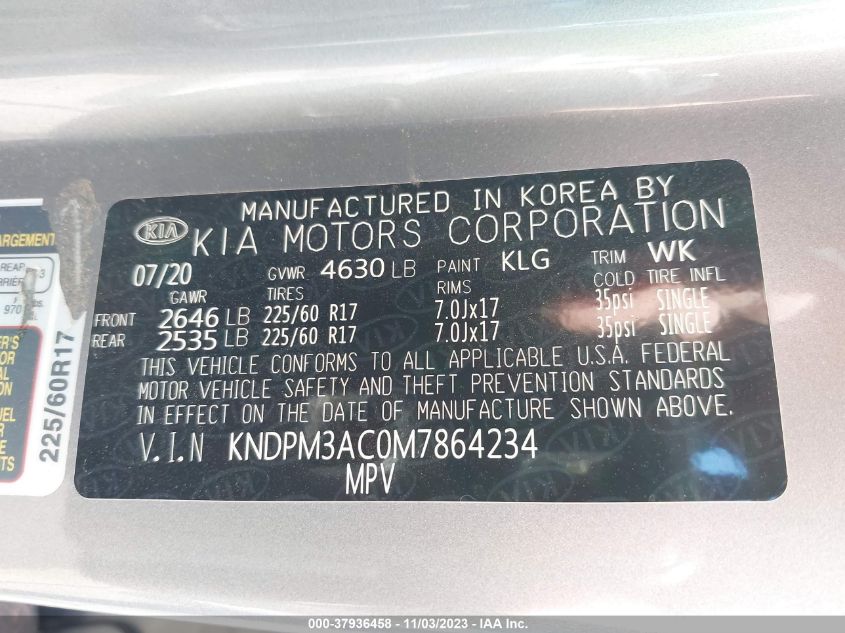 2021 Kia Sportage Lx VIN: KNDPM3AC0M7864234 Lot: 37936458