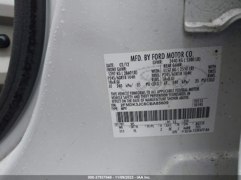 2012 Ford Edge Sel VIN: 2FMDK3JC8CBA85609 Lot: 37937048