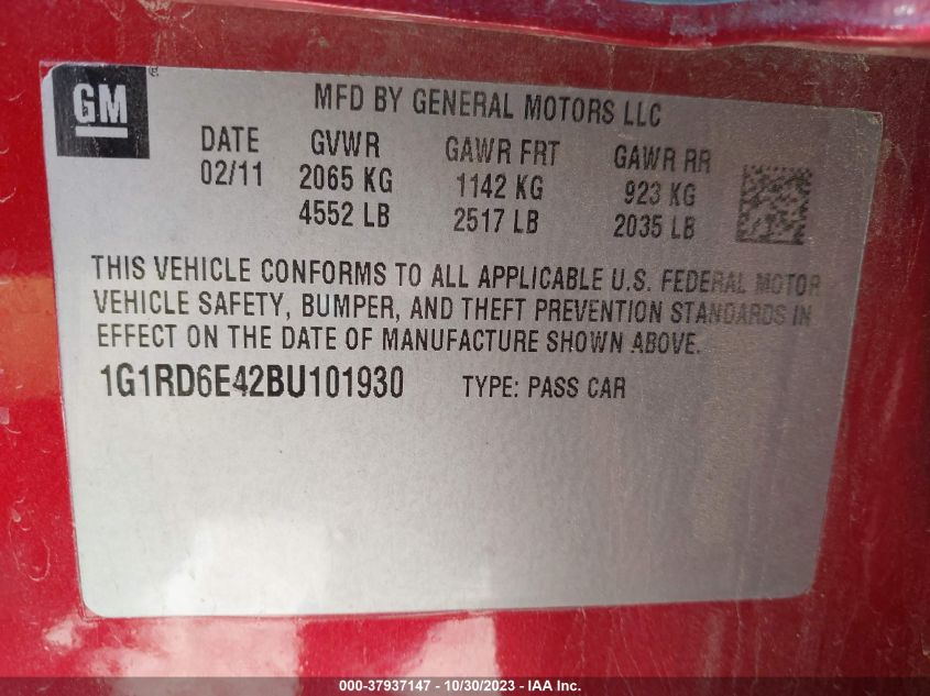 2011 Chevrolet Volt VIN: 1G1RD6E42BU101930 Lot: 37937147