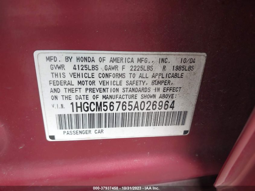 2005 Honda Accord Sdn Ex/Ex-L With Navi VIN: 1HGCM56765A026964 Lot: 37937458