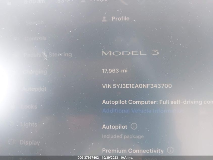 2022 Tesla Model 3 VIN: 5YJ3E1EA0NF343700 Lot: 37937462