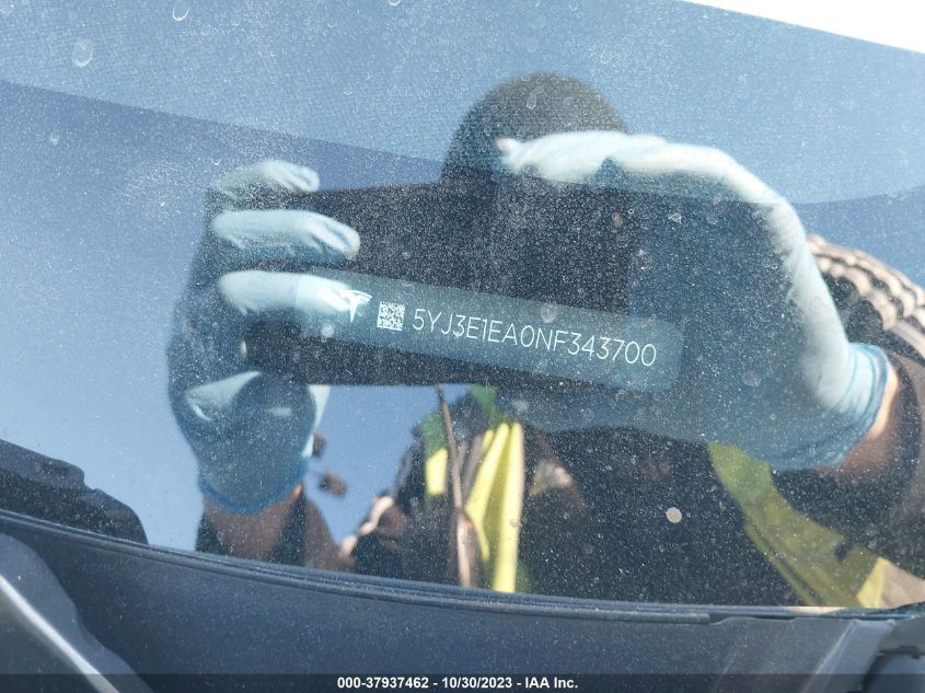 2022 Tesla Model 3 VIN: 5YJ3E1EA0NF343700 Lot: 37937462