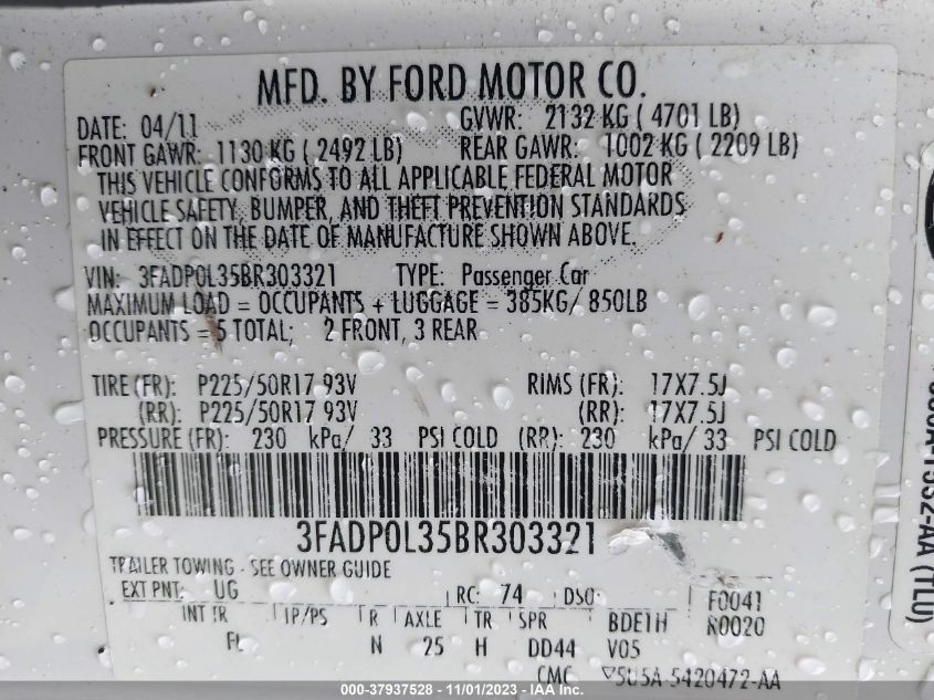 2011 Ford Fusion Hybrid VIN: 3FADP0L35BR303321 Lot: 37937528