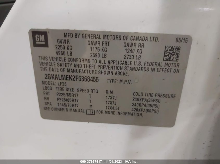 2015 GMC Terrain Sle VIN: 2GKALMEK2F6368455 Lot: 37937617