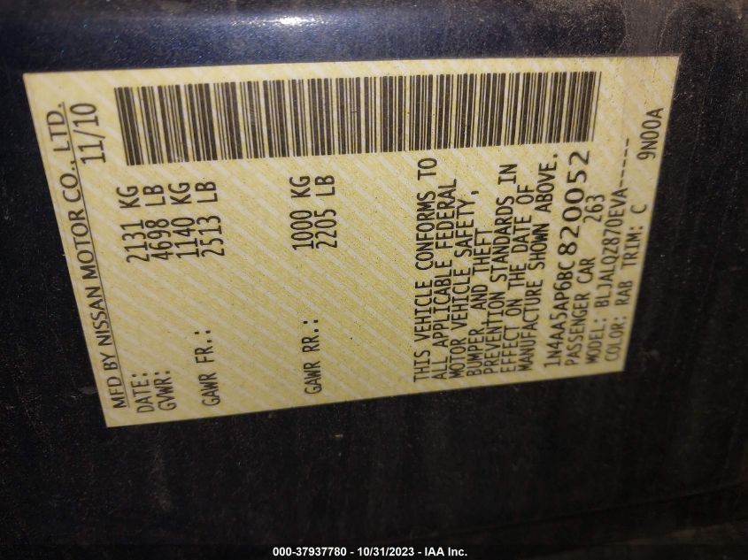 2011 Nissan Maxima 3.5 S VIN: 1N4AA5AP6BC820052 Lot: 37937780