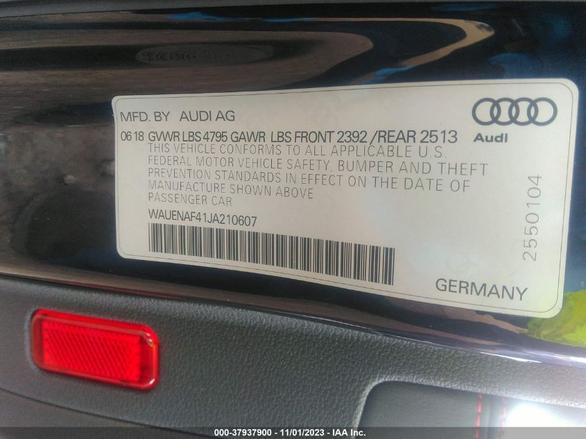 2018 Audi A4 Premium Plus VIN: WAUENAF41JA210607 Lot: 37937900