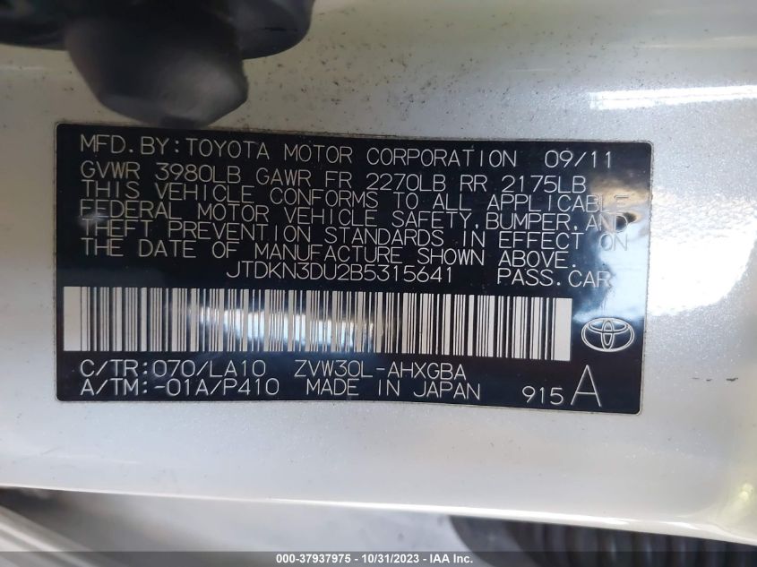 2011 Toyota Prius I/Ii/Iii/Iv/V VIN: JTDKN3DU2B5315641 Lot: 37937975