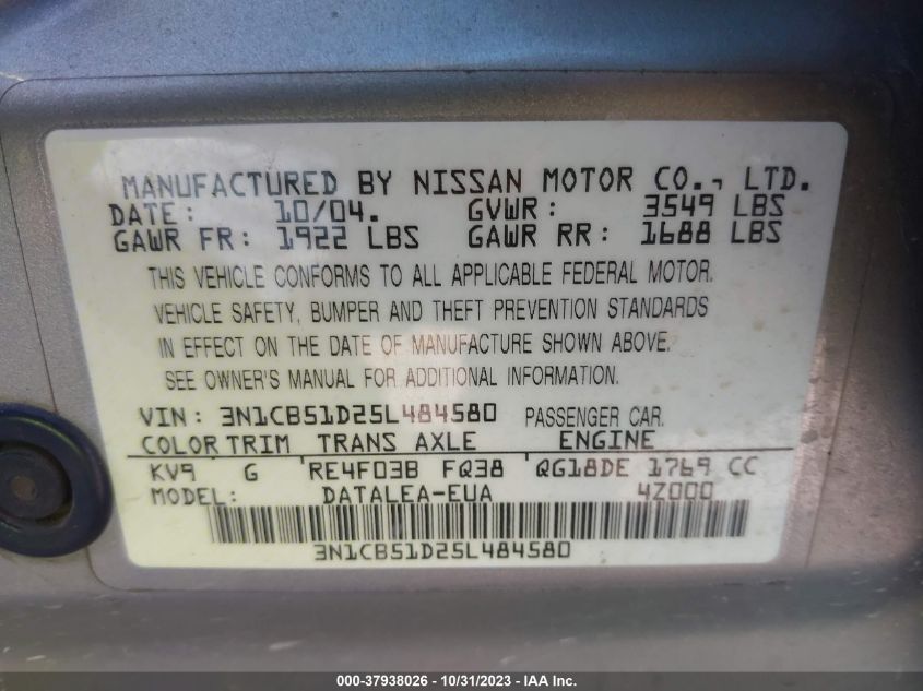 2005 Nissan Sentra 1.8 S VIN: 3N1CB51D25L484580 Lot: 37938026