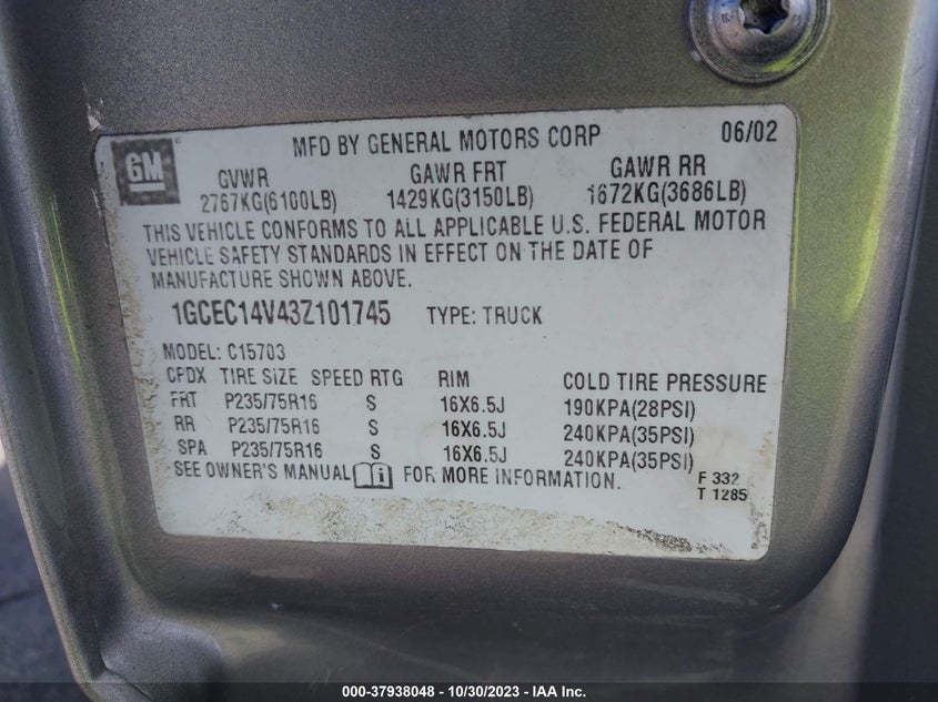 2003 Chevrolet Silverado 1500 VIN: 1GCEC14V43Z101745 Lot: 37938048