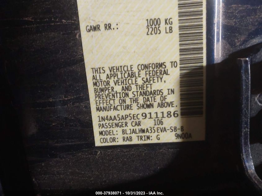 2014 Nissan Maxima 3.5 Sv W/Premium Pkg VIN: 1N4AA5AP5EC911186 Lot: 37938071