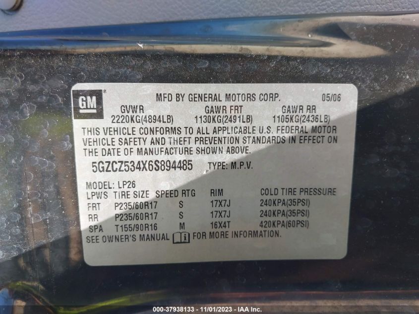 2006 Saturn Vue V6 VIN: 5GZCZ534X6S894485 Lot: 37938133