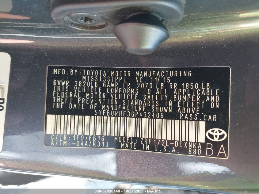 2016 Toyota Corolla Le Plus VIN: 5YFBURHE3GP432406 Lot: 37938148