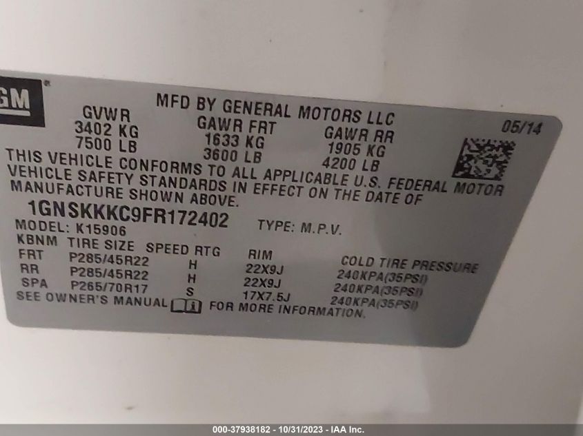 2015 Chevrolet Suburban Ltz VIN: 1GNSKKKC9FR172402 Lot: 37938182