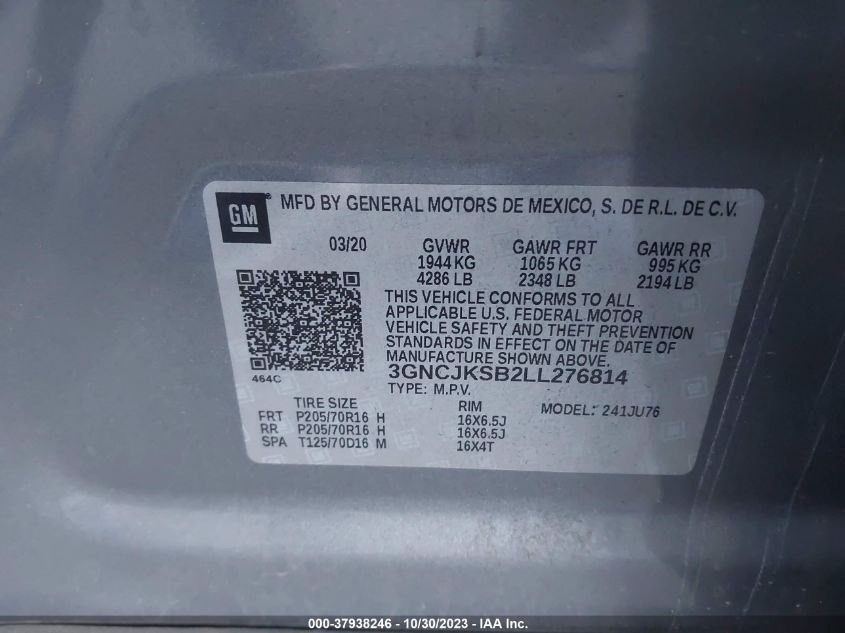 2020 Chevrolet Trax Ls VIN: 3GNCJKSB2LL276814 Lot: 37938246