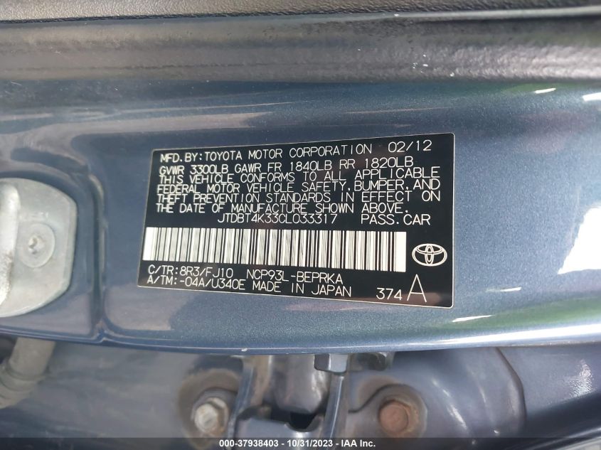 2012 Toyota Yaris VIN: JTDBT4K33CL033317 Lot: 37938403