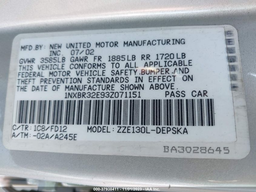 2003 Toyota Corolla Ce/S/Le VIN: 1NXBR32E93Z071151 Lot: 37938411