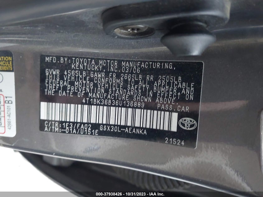 2006 Toyota Avalon Xl VIN: 4T1BK36B36U136889 Lot: 37938426