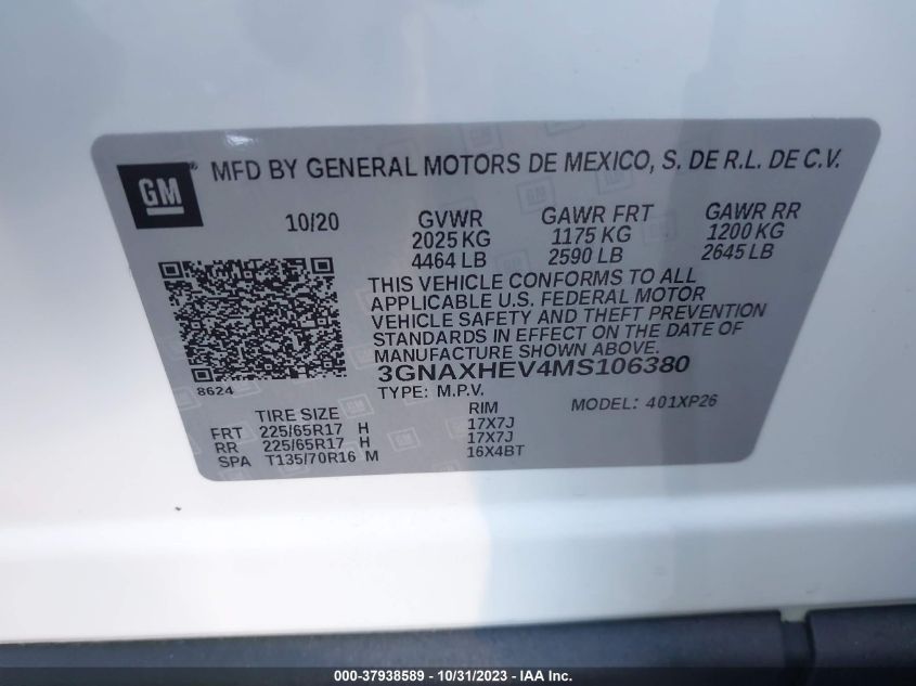 2021 Chevrolet Equinox Ls VIN: 3GNAXHEV4MS106380 Lot: 37938589