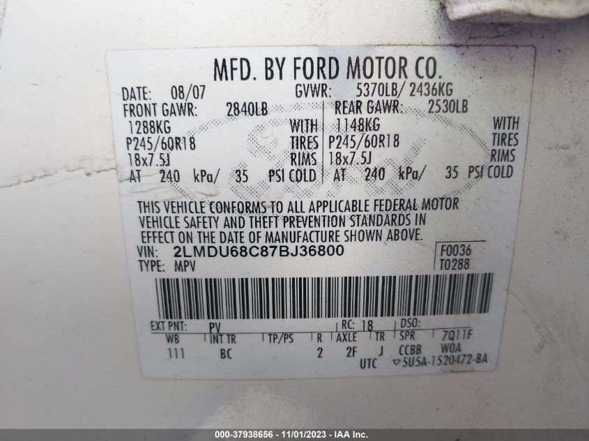 2007 Lincoln Mkx VIN: 2LMDU68C87BJ36800 Lot: 37938656