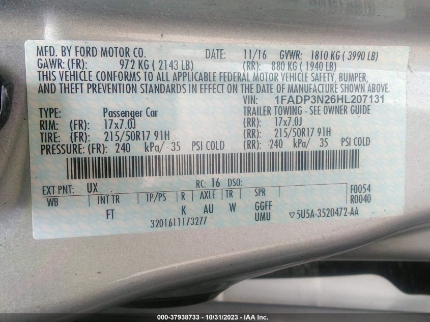 2017 Ford Focus Titanium VIN: 1FADP3N26HL207131 Lot: 37938733