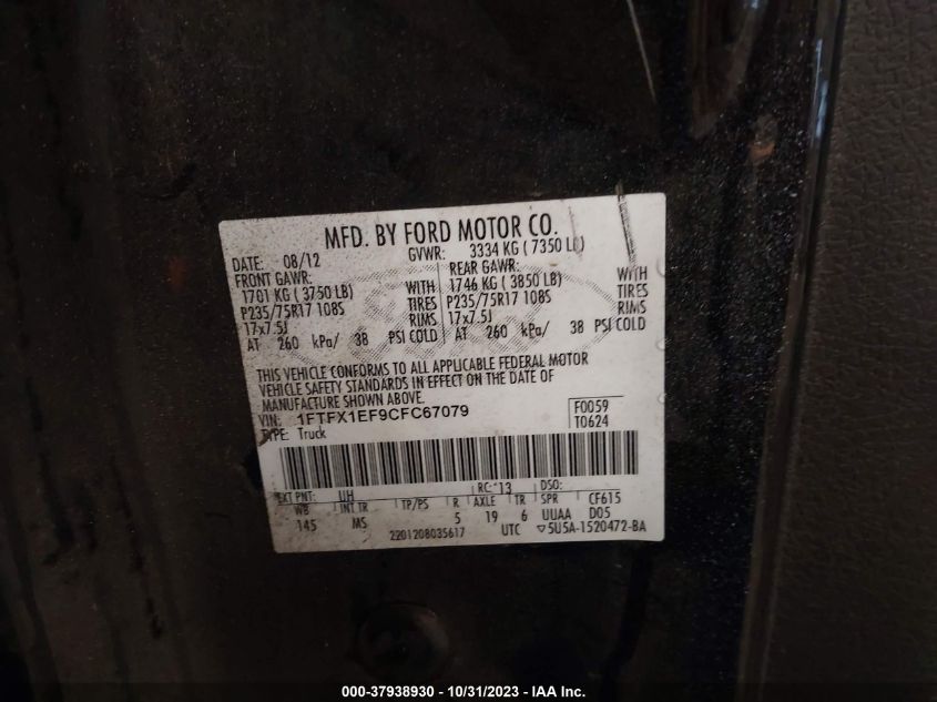 2012 Ford F-150 Xl/Stx/Xlt/Fx4/Lariat VIN: 1FTFX1EF9CFC67079 Lot: 37938930