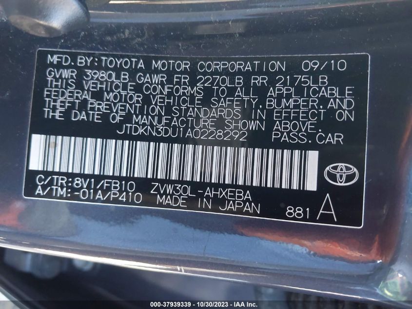 2010 Toyota Prius Ii/Iii/Iv/V/I VIN: JTDKN3DU1A0228292 Lot: 37939339