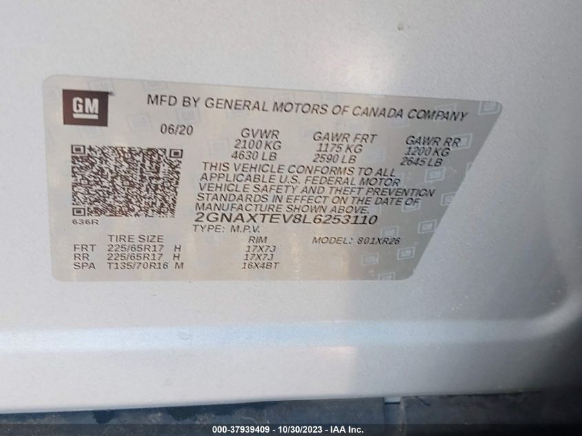 2020 Chevrolet Equinox Lt VIN: 2GNAXTEV8L6253110 Lot: 37939409