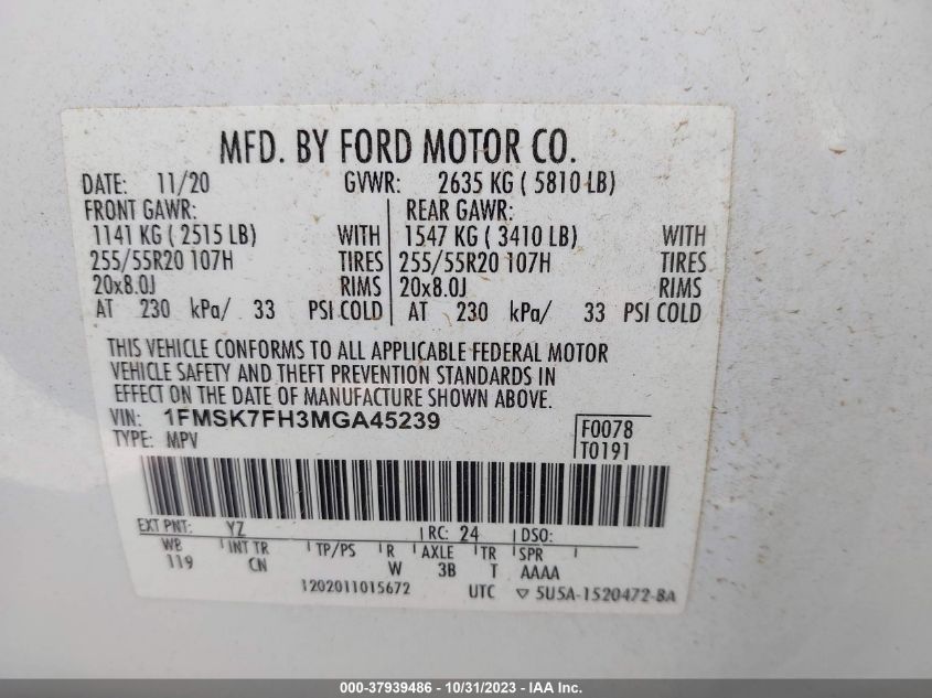 2021 Ford Explorer Limited VIN: 1FMSK7FH3MGA45239 Lot: 37939486
