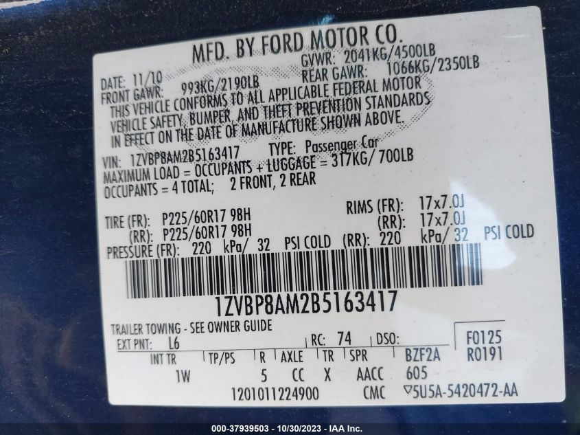 2011 Ford Mustang V6 VIN: 1ZVBP8AM2B5163417 Lot: 37939503