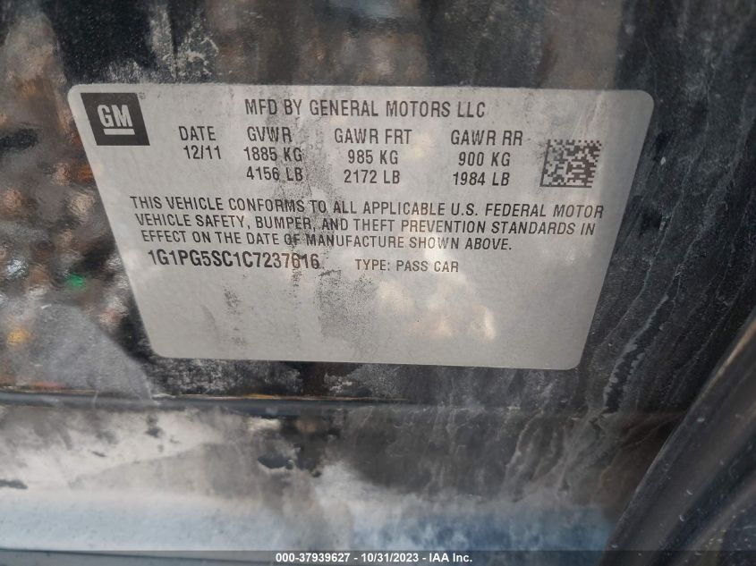 2012 Chevrolet Cruze Lt W/2Lt VIN: 1G1PG5SC1C7237616 Lot: 37939627