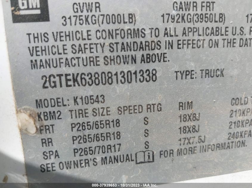 2008 GMC Sierra Denali VIN: 2GTEK638081301338 Lot: 37939653