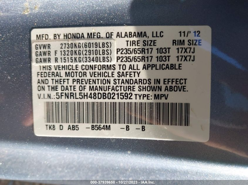 5FNRL5H48DB021592 2013 Honda Odyssey Ex