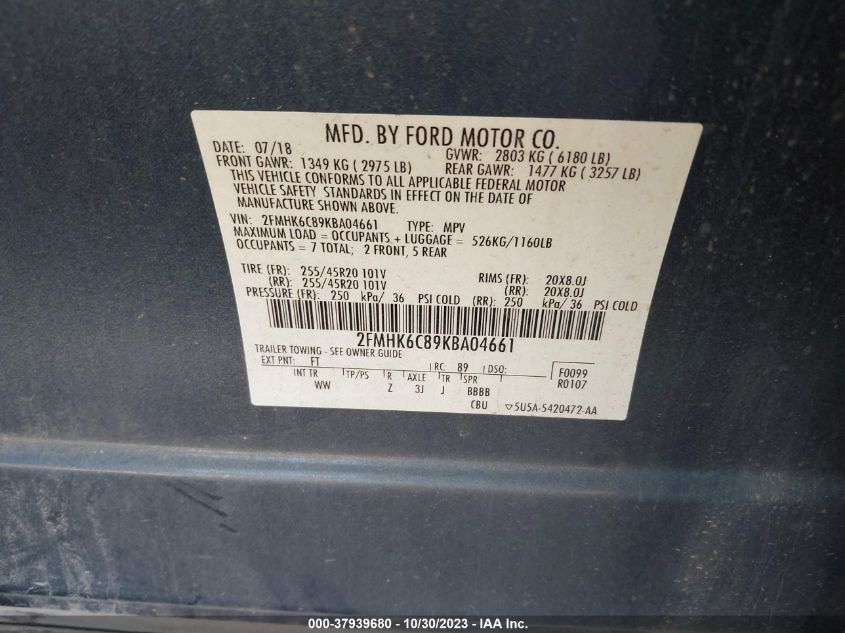 2019 Ford Flex Sel VIN: 2FMHK6C89KBA04661 Lot: 37939680