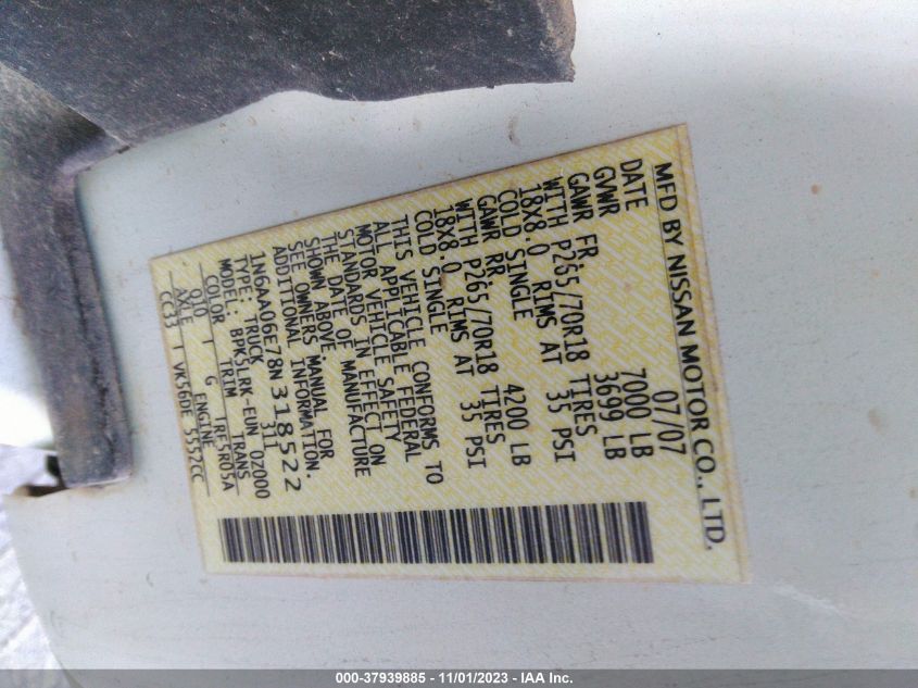 2008 Nissan Titan Xe VIN: 1N6AA06E78N318522 Lot: 37939885