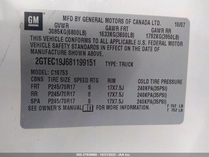 2008 GMC Sierra 1500 Work Truck VIN: 2GTEC19J681199151 Lot: 37939969