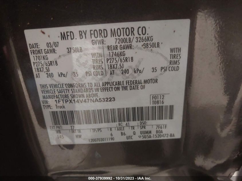 2007 Ford F-150 Fx4/Lariat/Xl/Xlt VIN: 1FTPX14V47NA53223 Lot: 37939992