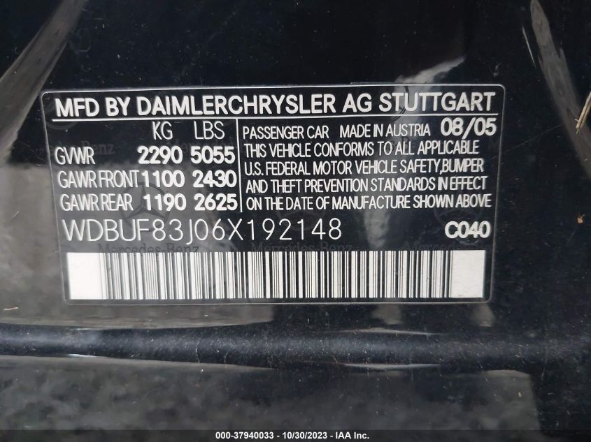 2006 Mercedes-Benz E-Class 5.0L VIN: WDBUF83J06X192148 Lot: 37940033