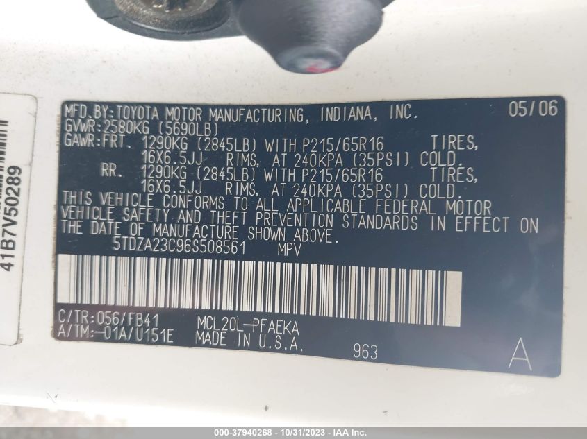 2006 Toyota Sienna Ce/Le VIN: 5TDZA23C96S508561 Lot: 37940268