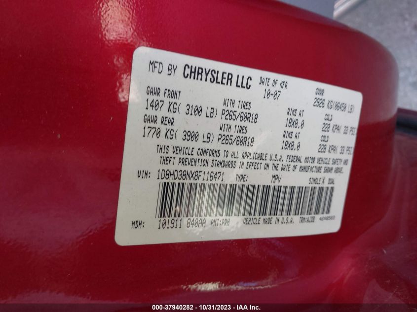 2008 Dodge Durango Sxt VIN: 1D8HD38NX8F116471 Lot: 37940282