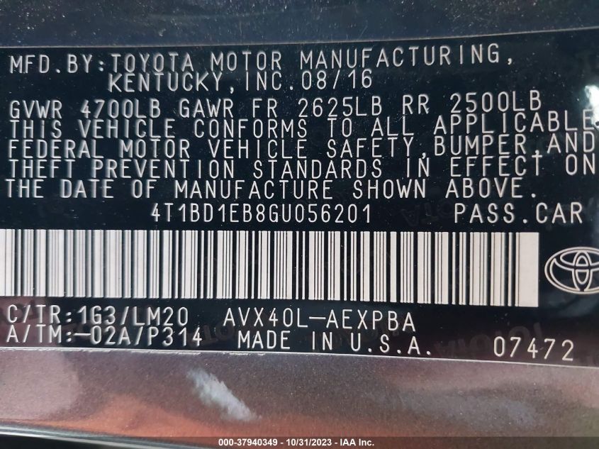 2016 Toyota Avalon Hybrid Xle Premium/Limited VIN: 4T1BD1EB8GU056201 Lot: 37940349