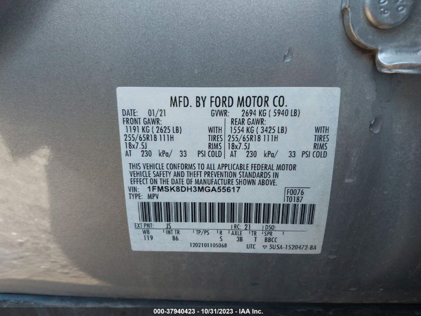 2021 Ford Explorer Xlt VIN: 1FMSK8DH3MGA55617 Lot: 37940423