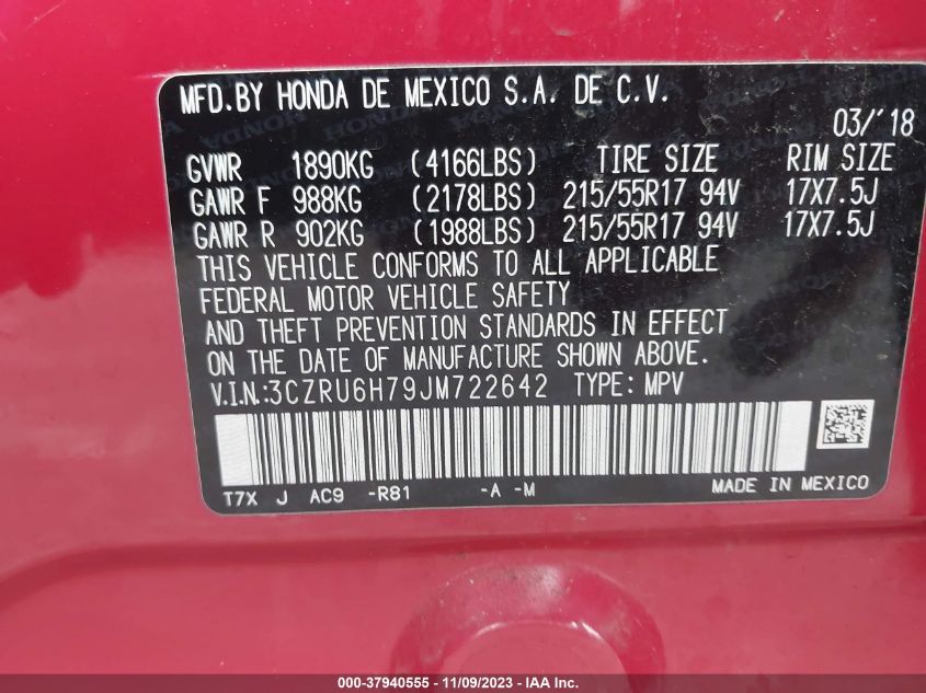 2018 Honda Hr-V Ex-L Navi VIN: 3CZRU6H79JM722642 Lot: 37940555