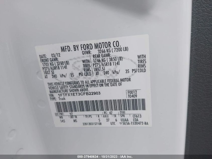 2012 Ford F-150 Xl/Xlt/Fx4/Lariat VIN: 1FTFX1ET3CFB22903 Lot: 37940634