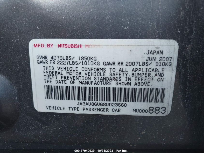 2008 Mitsubishi Lancer Gts VIN: JA3AU86U68U023660 Lot: 37940639